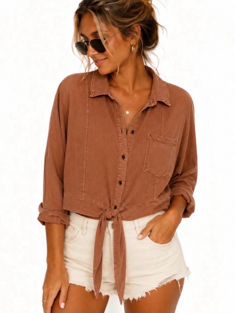 PILCRO Anthropologie Tie-Front Button Down Top — Size M